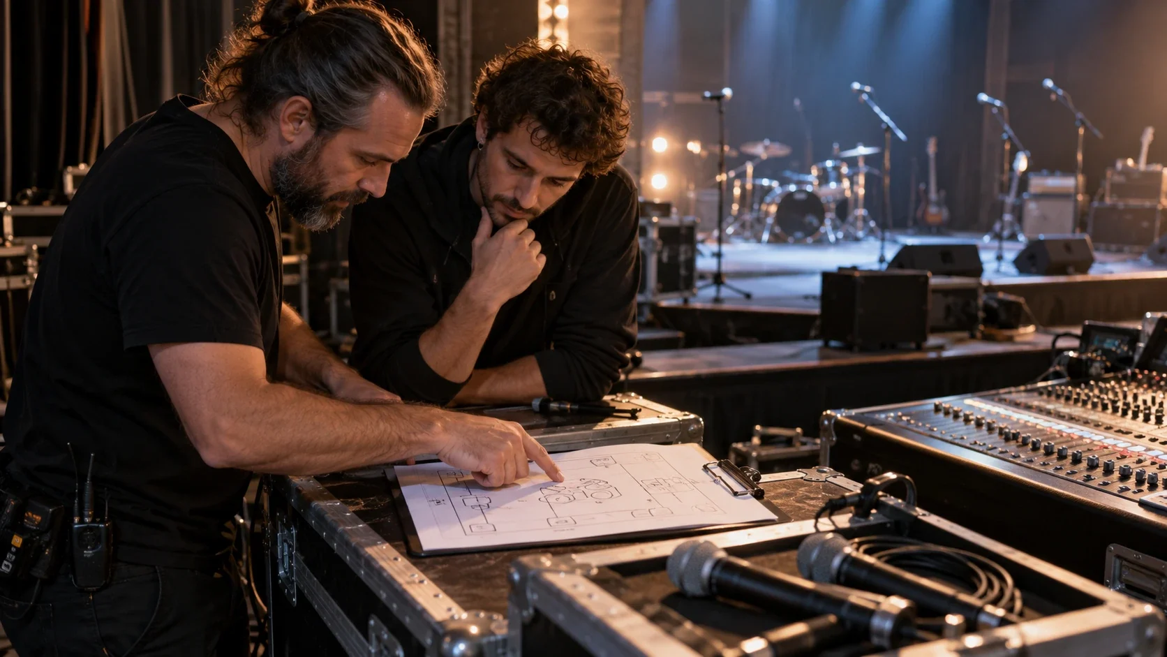 Dos técnicos revisan un plano de escenario antes del montaje